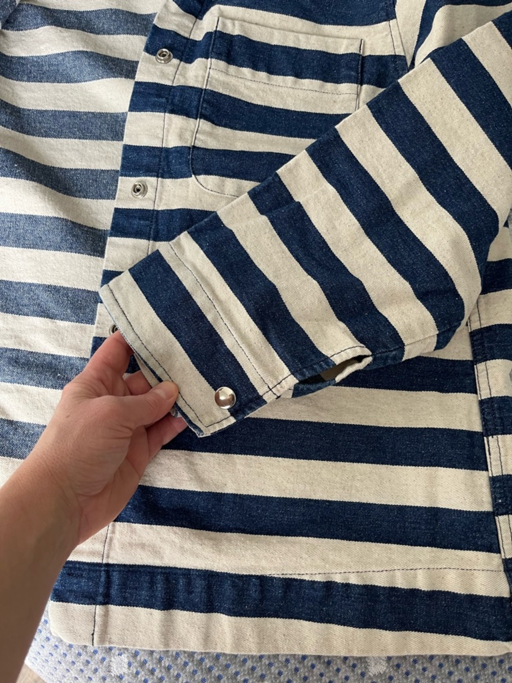 Carleen Navy and Cream Striped Button-Down Shirt Jacket - Picture 6 of 8